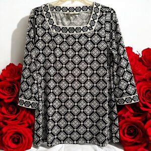 Magnolia Grace Chic Moroccan Print Tunic Top Womens M Square Neck Black & White